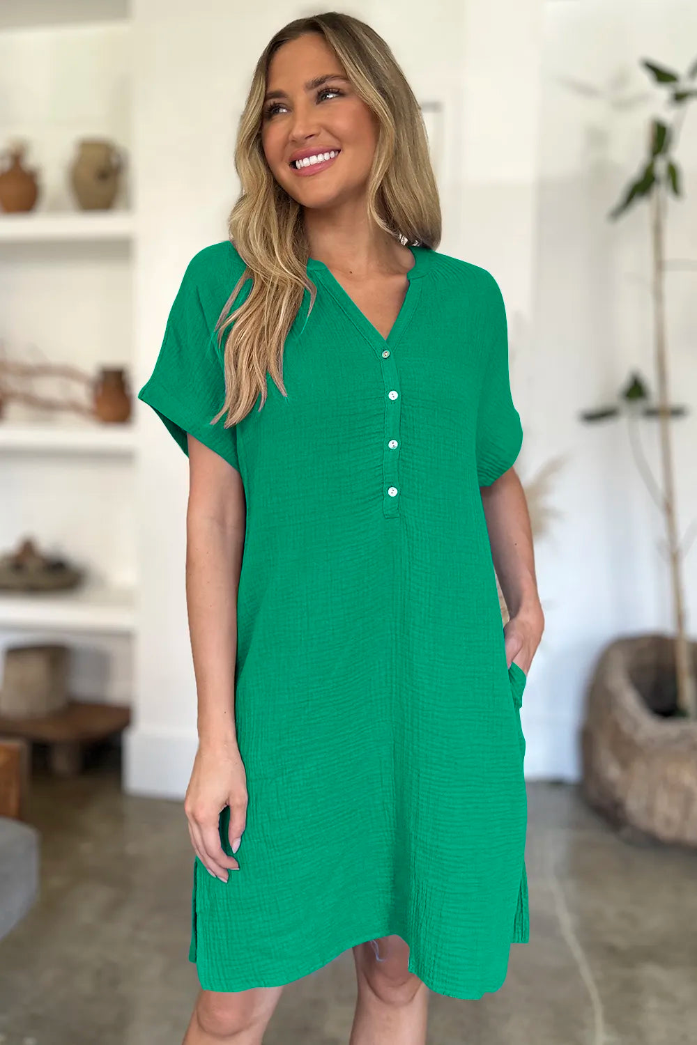 FAM-FAM Slit Notched Short Sleeve Mini Dress Trendsi