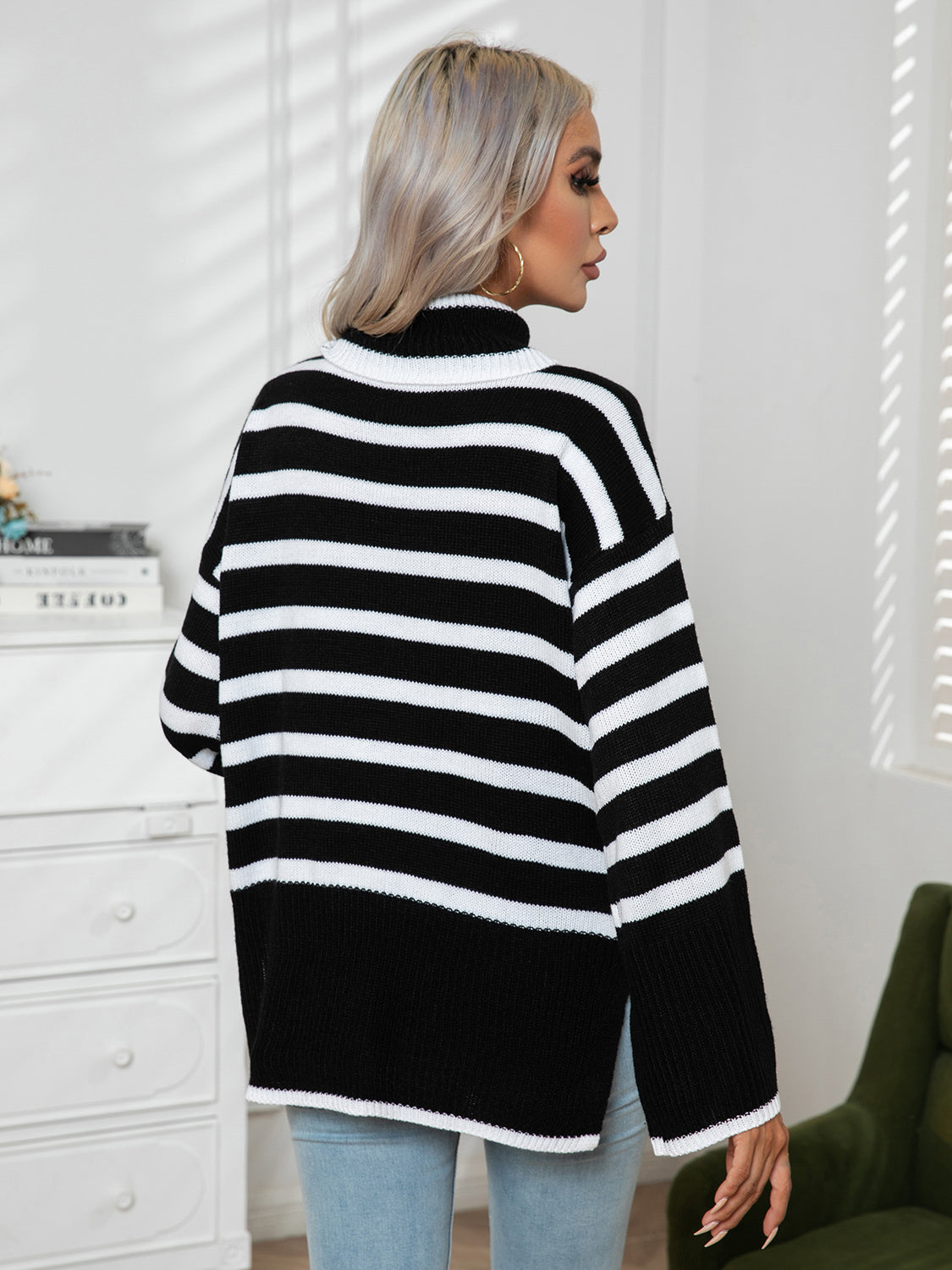 Striped Slit Turtleneck Drop Shoulder Sweater nicholesgifts