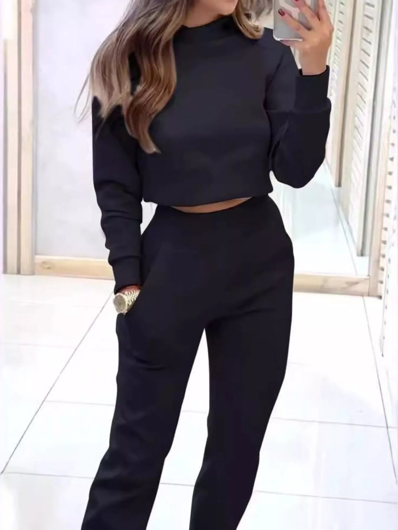 Casual Chic Cropped Sweatshirt and Jogger Set nicholesgifts