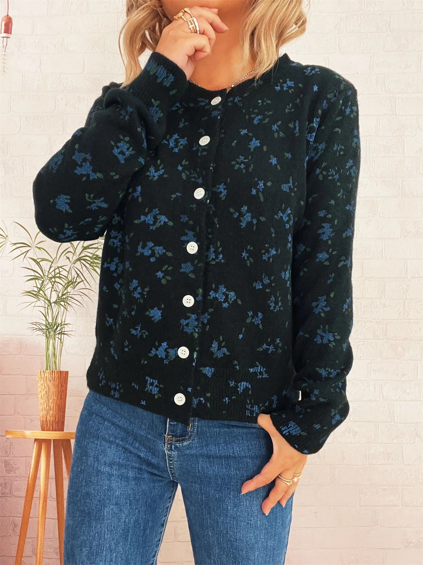 Floral Button-Up Long Sleeve Cardigan