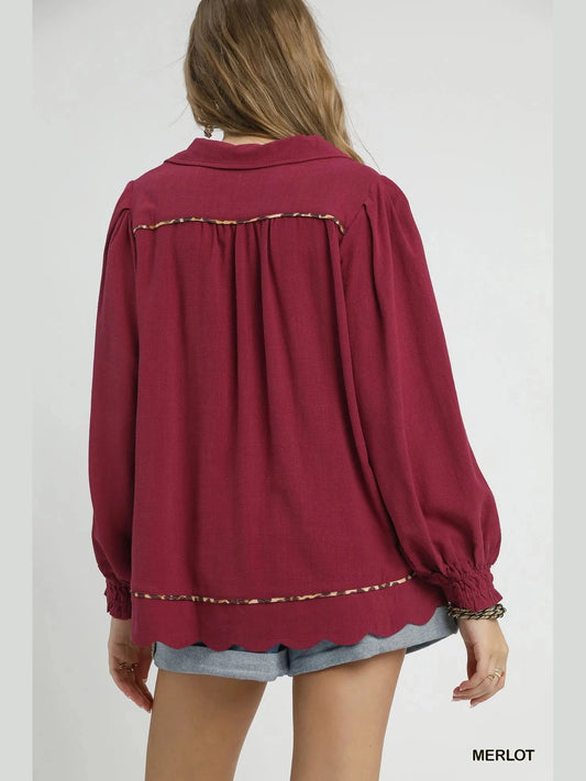 Women Umgee Full Size Linen Scallop Hem Long Sleeve Blouse with Contrast Trim Plus Size NicholesGifts