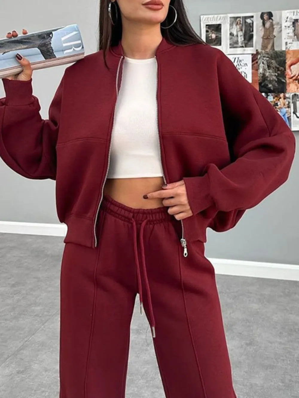 Baseball Collar Zip Up Outerwear and Drawstring Pants Set nicholesgifts