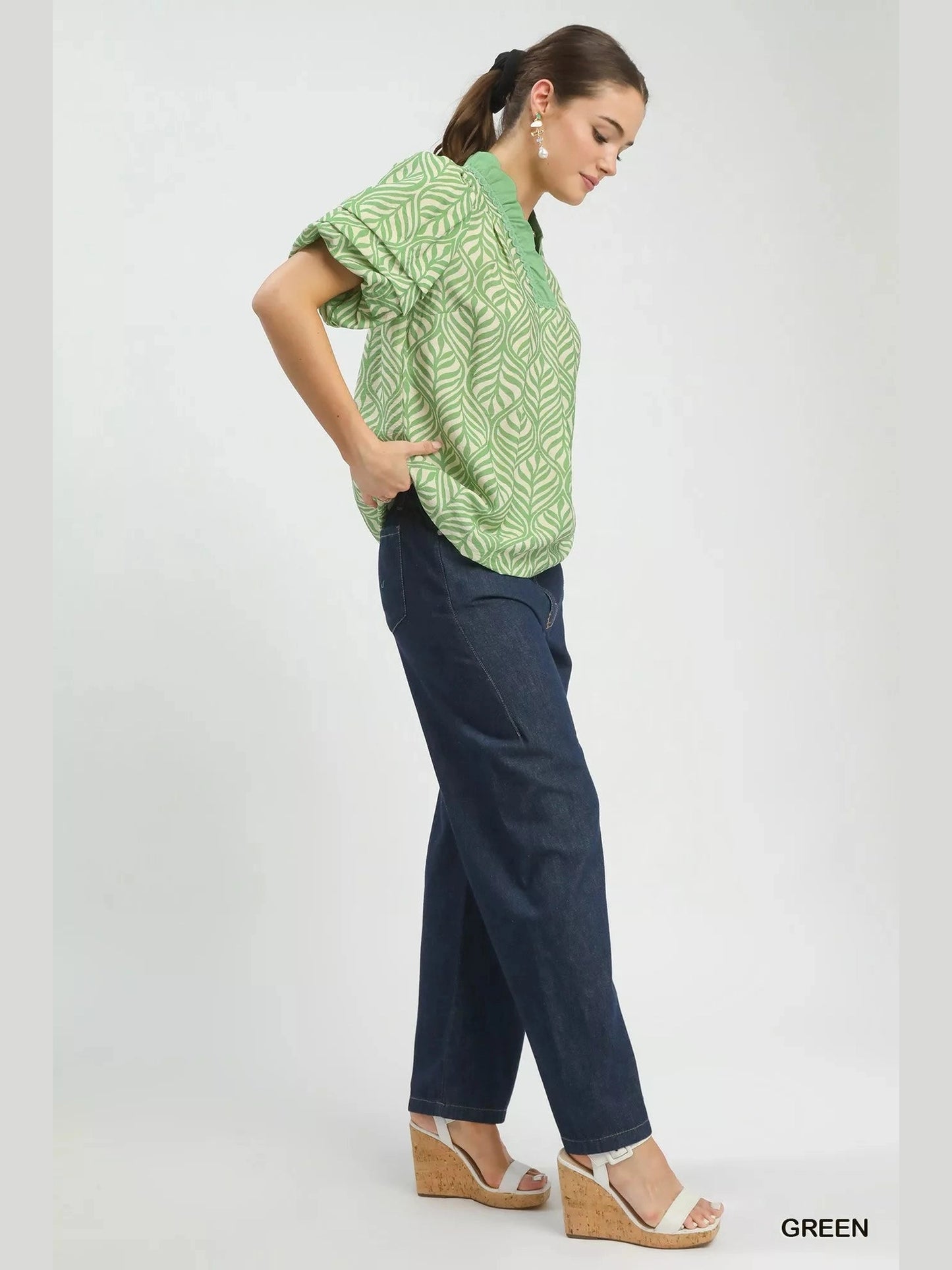 Umgee Printed Puff Sleeve Ruffle Neck Top Trendsi