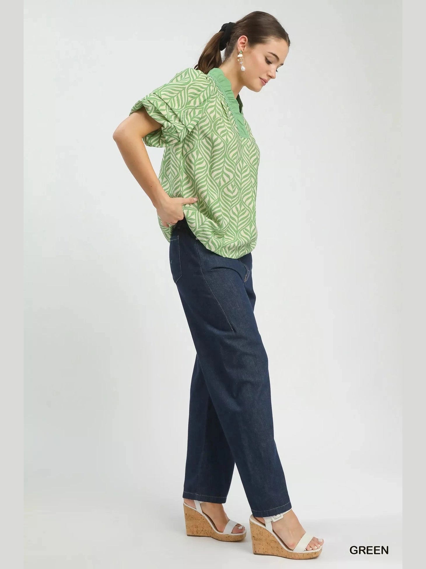 Umgee Printed Puff Sleeve Ruffle Neck Top Trendsi