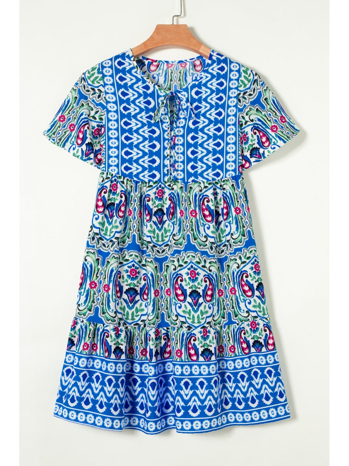 Printed Tie Neck Short Sleeve Dress nicholesgifts