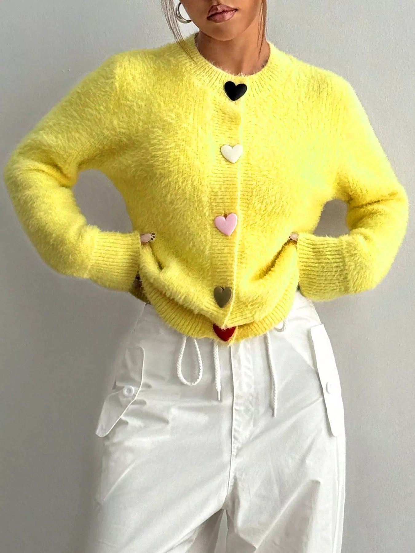 Women Heart Button Fuzzy Cardigan