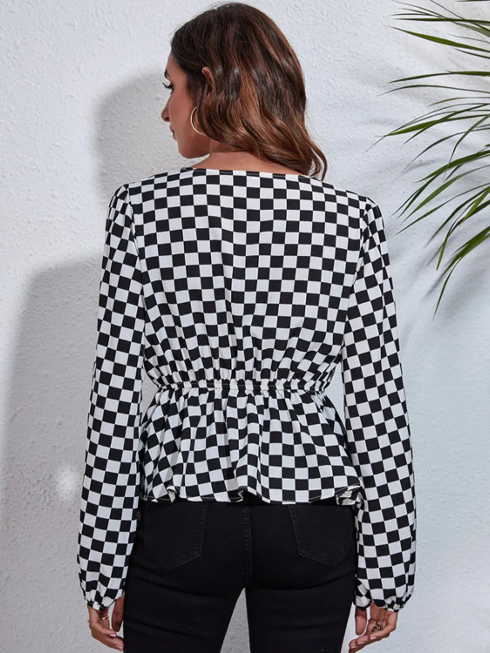 Checkered V-Neck Balloon Sleeve Peplum Blouse nicholesgifts
