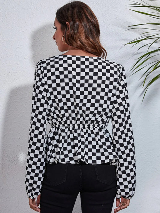 Checkered V-Neck Balloon Sleeve Peplum Blouse nicholesgifts