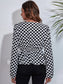 Checkered V-Neck Balloon Sleeve Peplum Blouse nicholesgifts