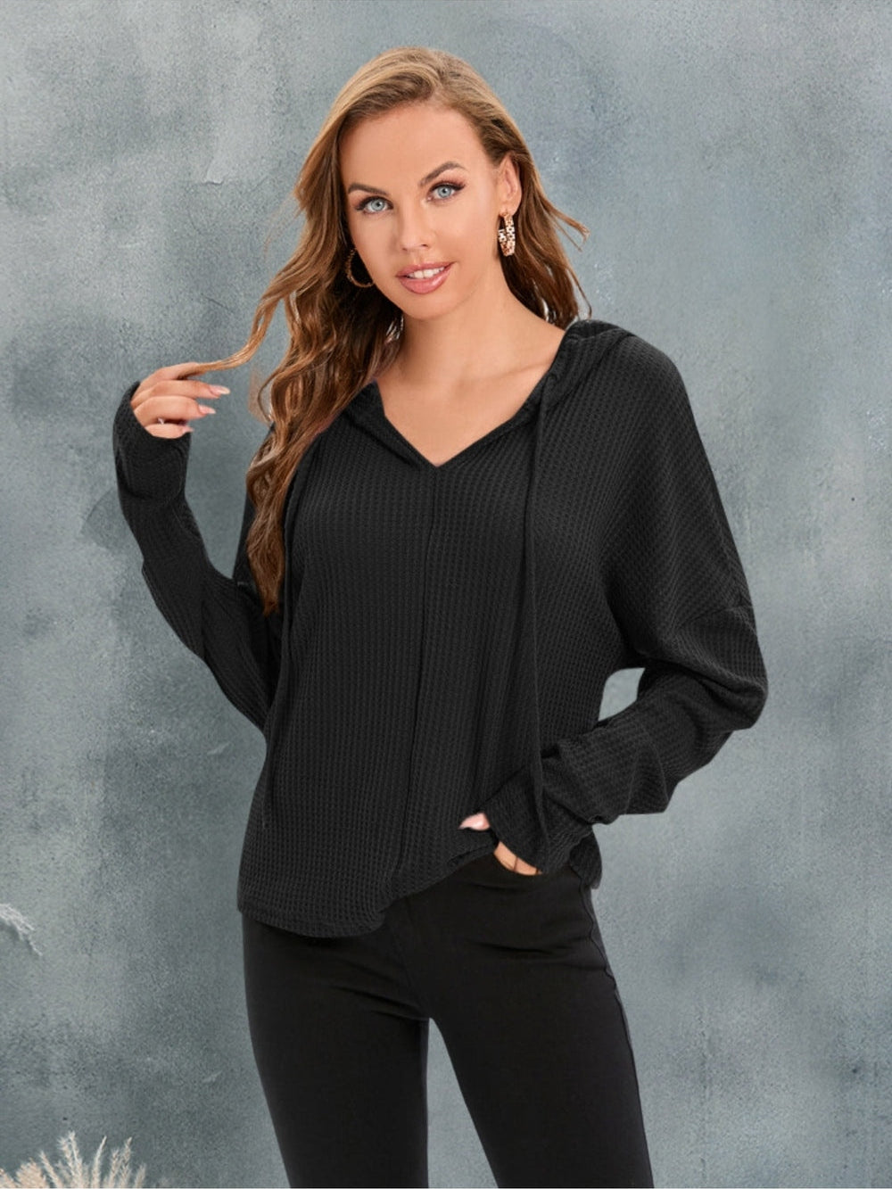 Waffle-Knit Drawstring Drop Shoulder Hoodie nicholesgifts