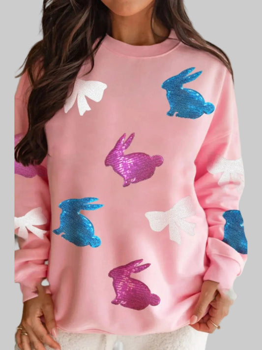 Easter Bunny Bow Knot Sequined Sweatshirt Trendsi