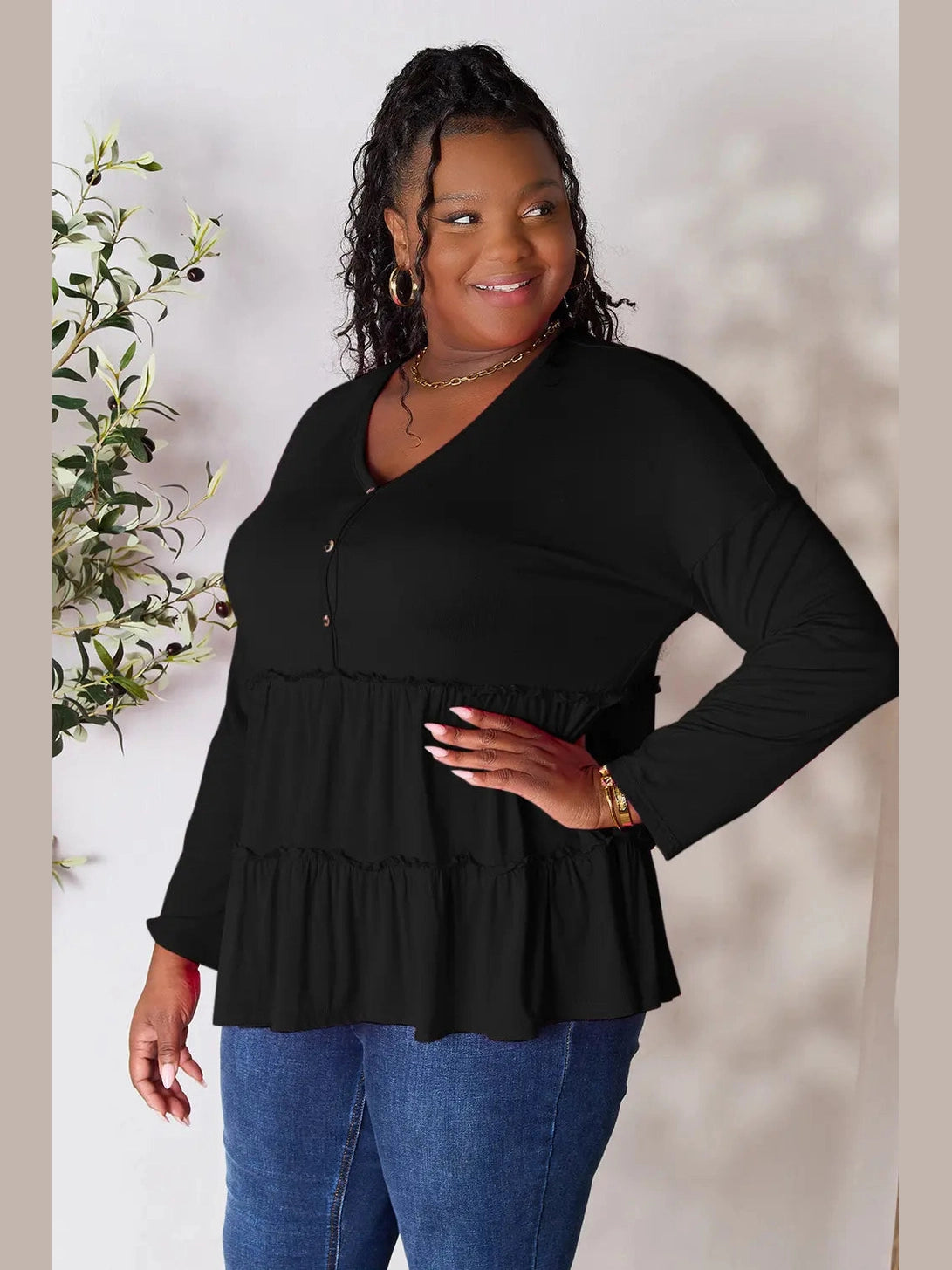 Double Take Half Button Long Sleeve Ruffle Hem Blouse nicholesgifts