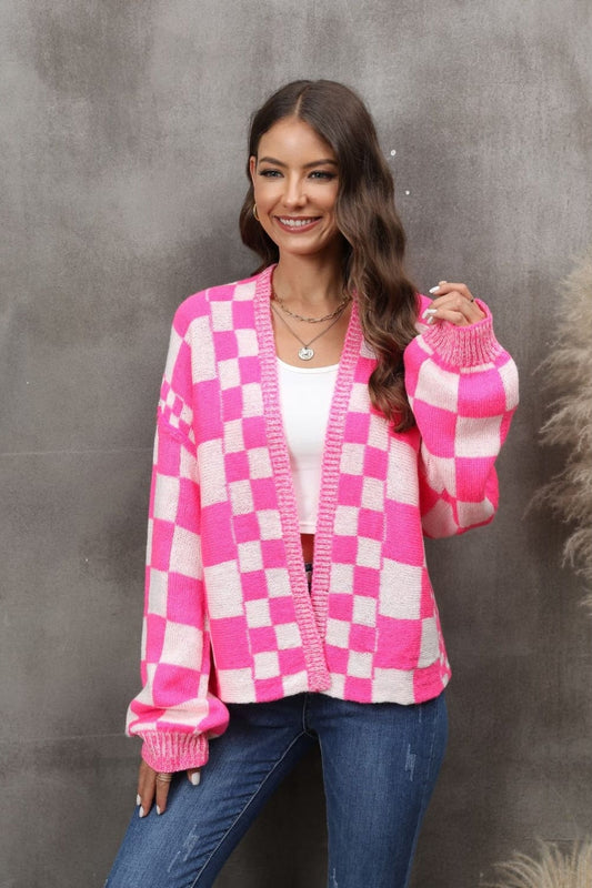 NicholesGifts Women Checkered Open Front Drop Shoulder Cardigan NicholesGifts