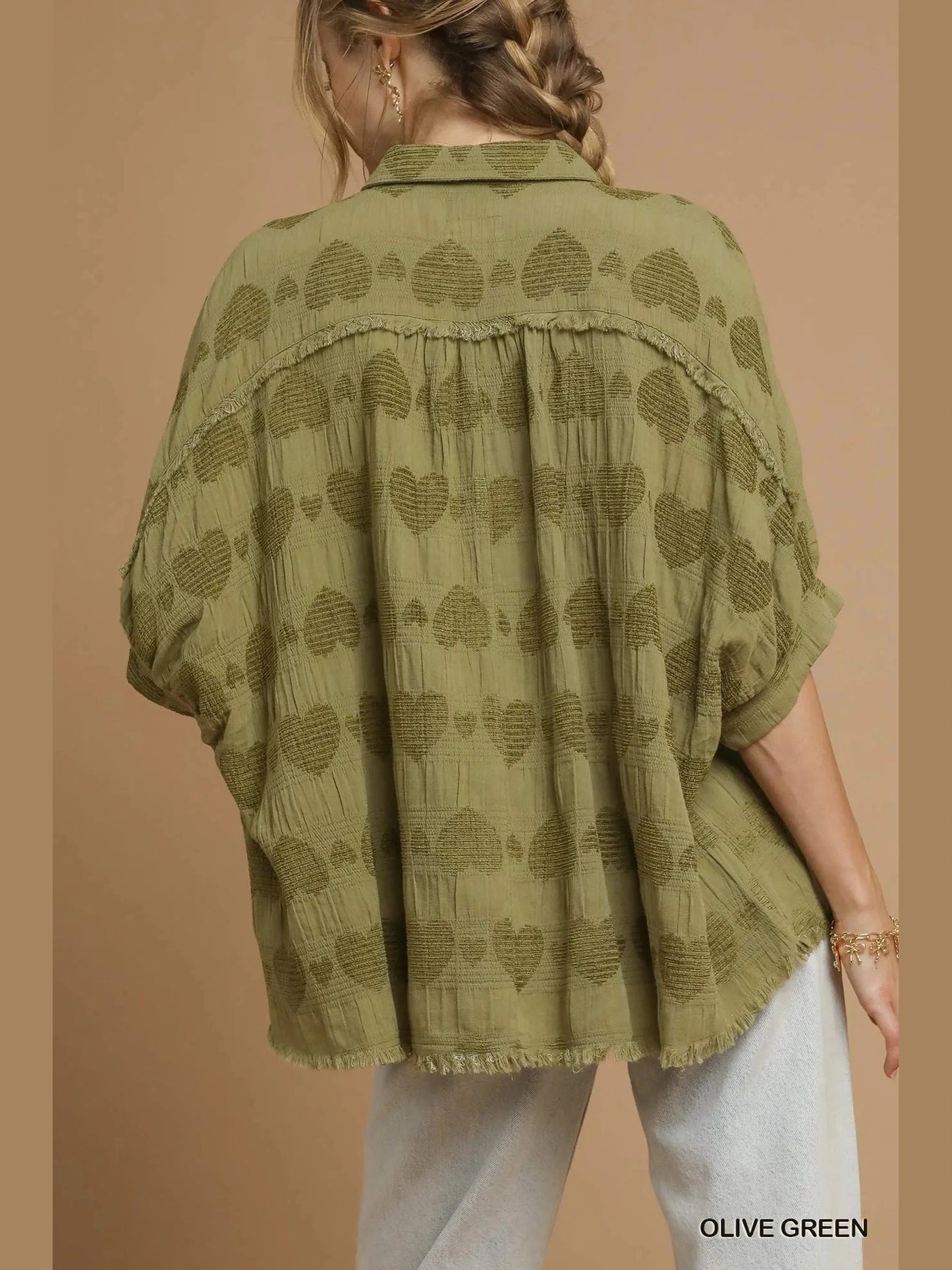 Women Umgee Jacquard Heart Collared Olive Green Short Sleeve Shirt NicholesGifts
