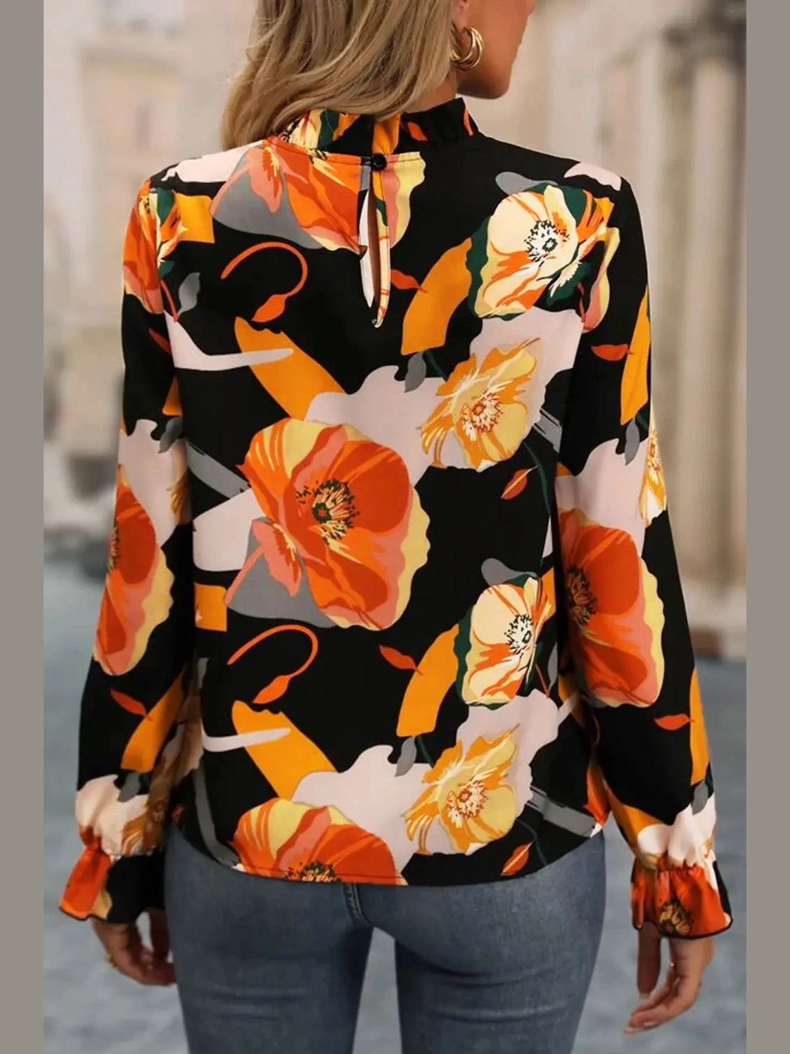 Floral Mock Neck Flounce Sleeve Blouse