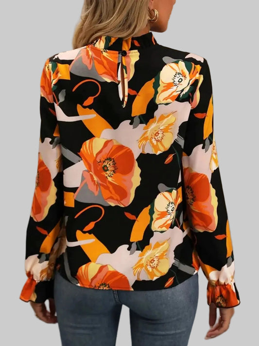 Floral Mock Neck Flounce Sleeve Blouse nicholesgifts