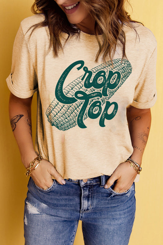 Women Corn Letter Graphic Cuffed Tee Shirt nicholesgifts