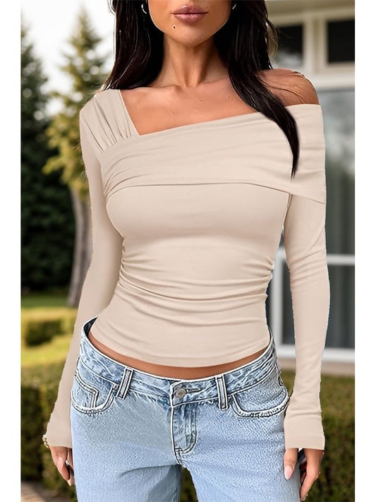 Women Ruched One Shoulder Long Sleeve T-Shirt