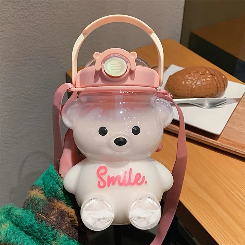 Cute Bear 1000ml Water Bottle - 2-in-1 Straw Cup for Kids, BPA Free & Leakproof - Perfect for School & Sports Gifts!