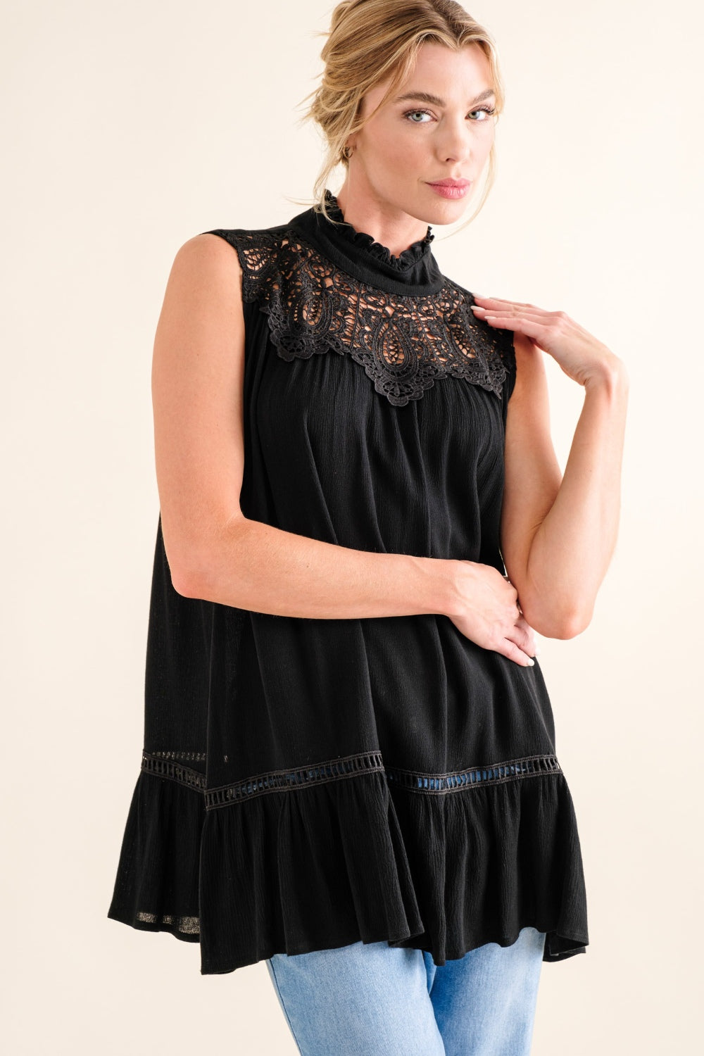 Women And The Why Lace Detail Sleeveless Ruffled Black Top nicholesgifts