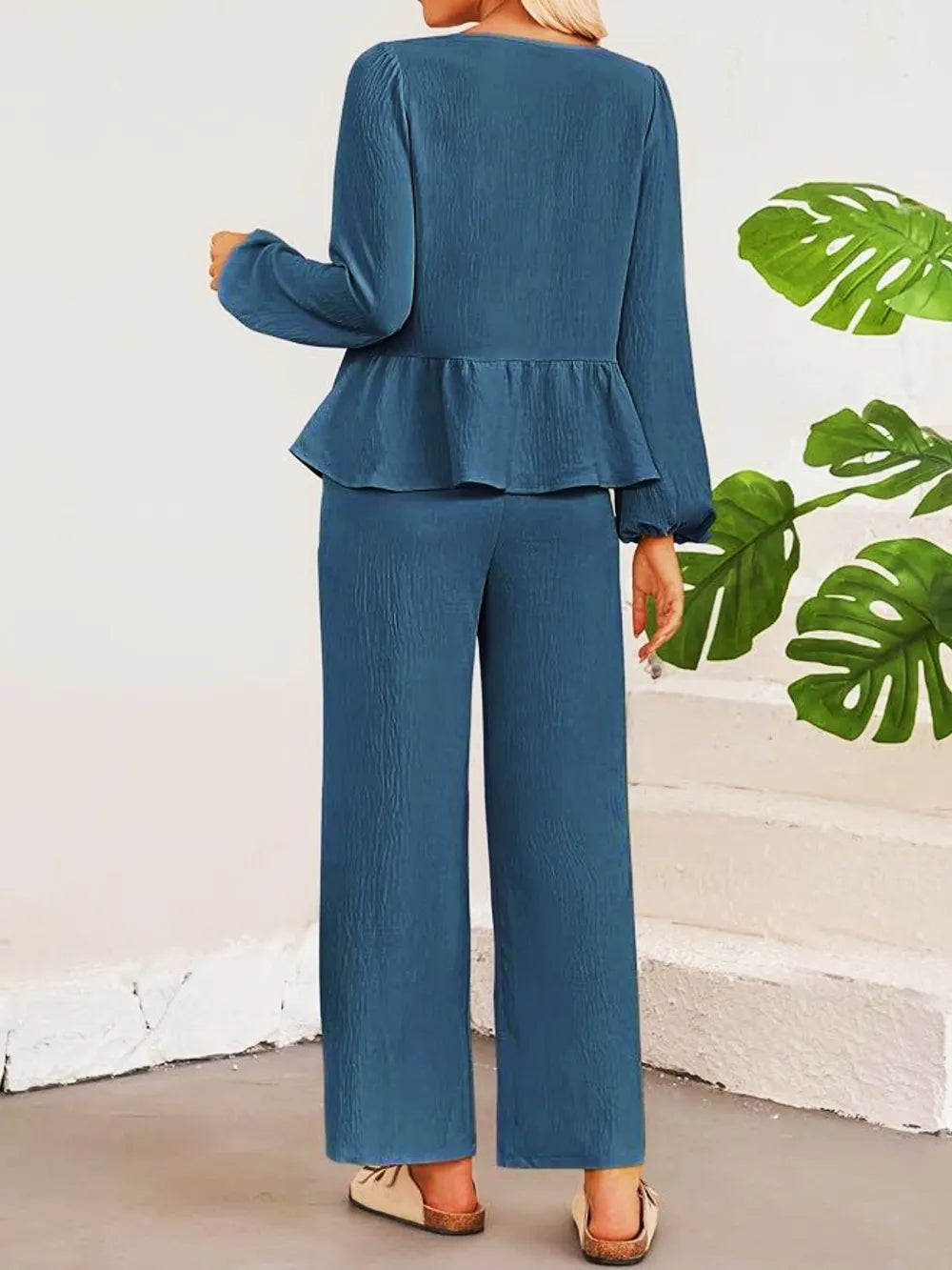 Tie Neck Balloon Sleeve Top and Pants Set nicholesgifts