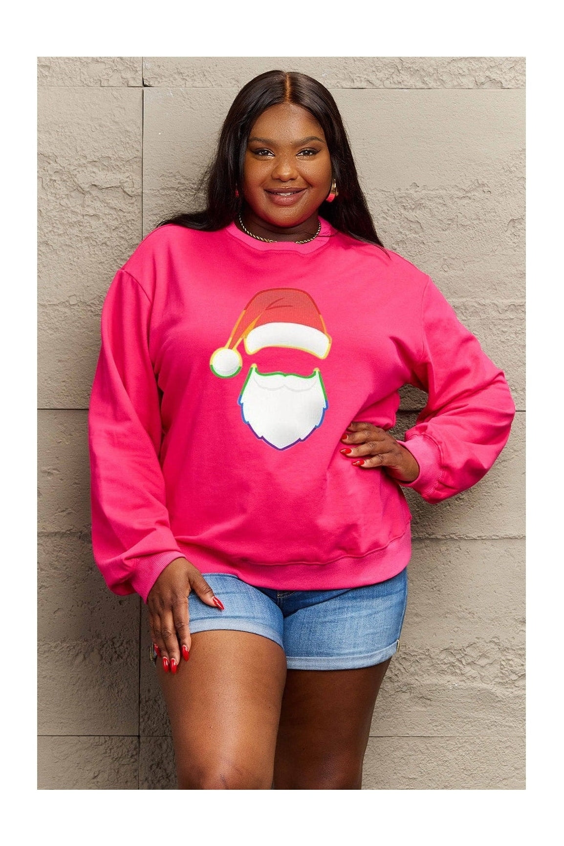 Simply Love Full Size Rainbow Santa Graphic Round Neck Sweatshirt nicholesgifts