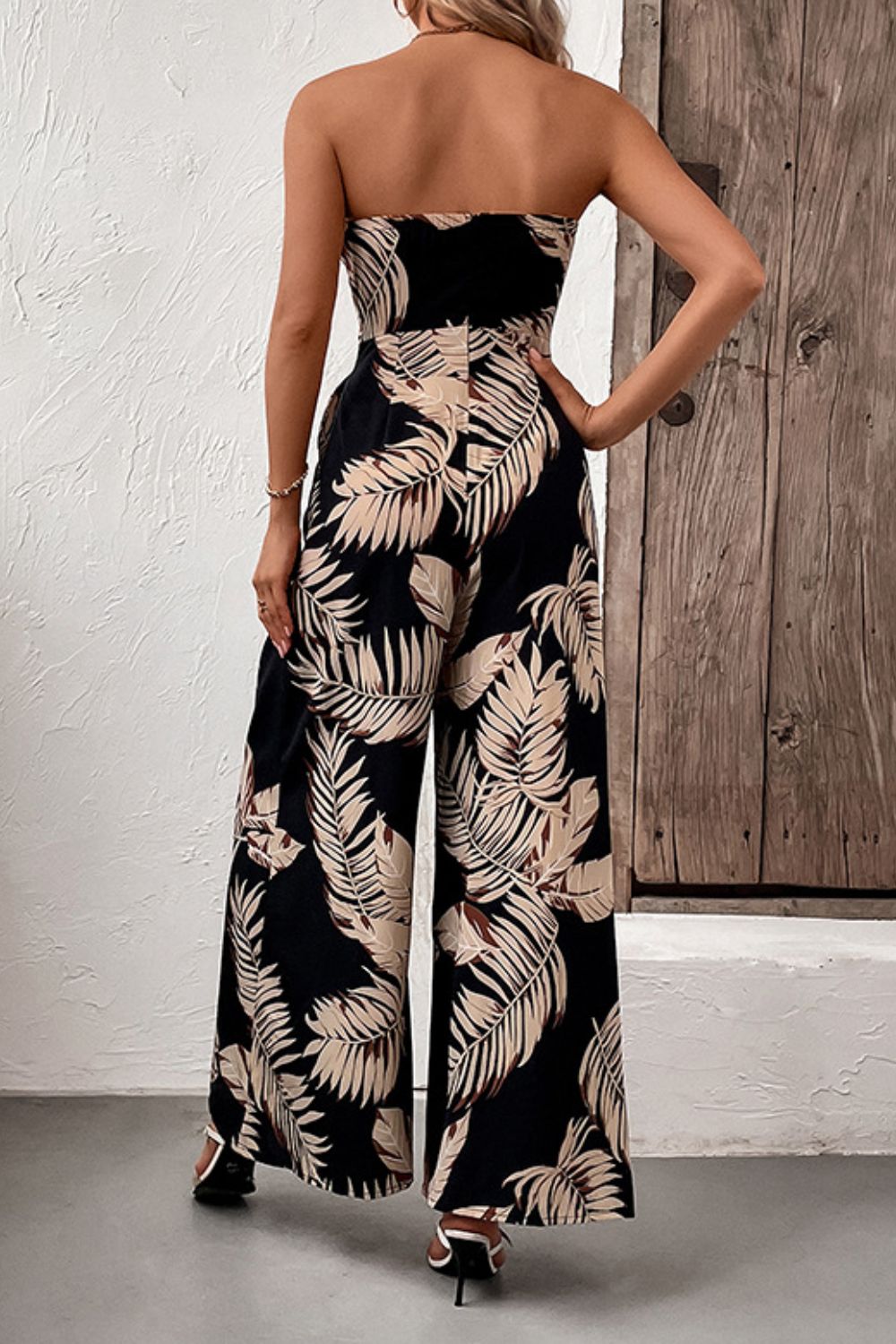 Printed Strapless Wide Leg Jumpsuit with Pockets nicholesgifts