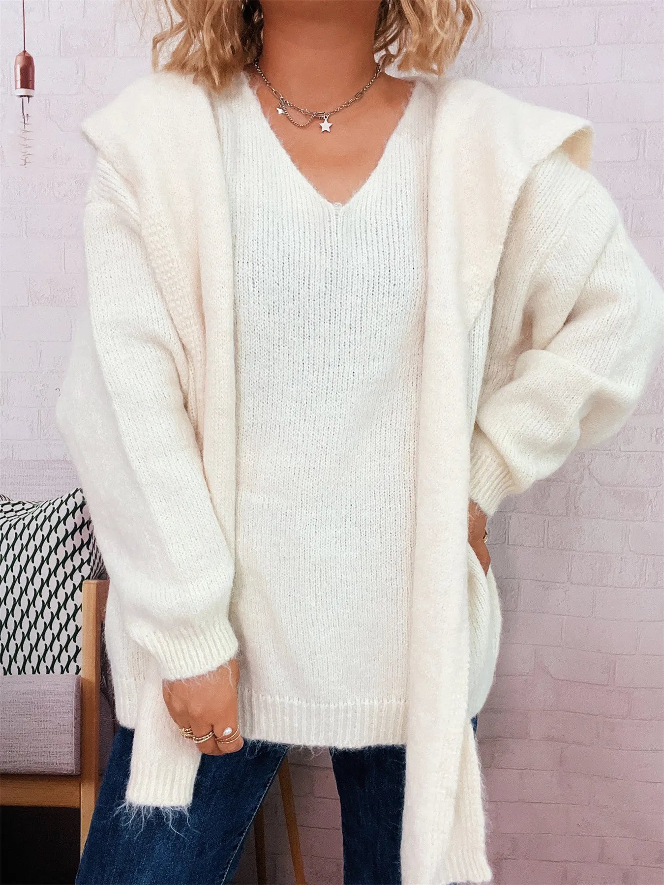 Ribbed Hem V-Neck Sweater with Shawl Trendsi