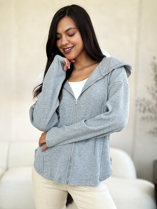 NicholesGifts Women Culture Code Full Size Ribbed Zip Up Drawstring Hooded Jacket