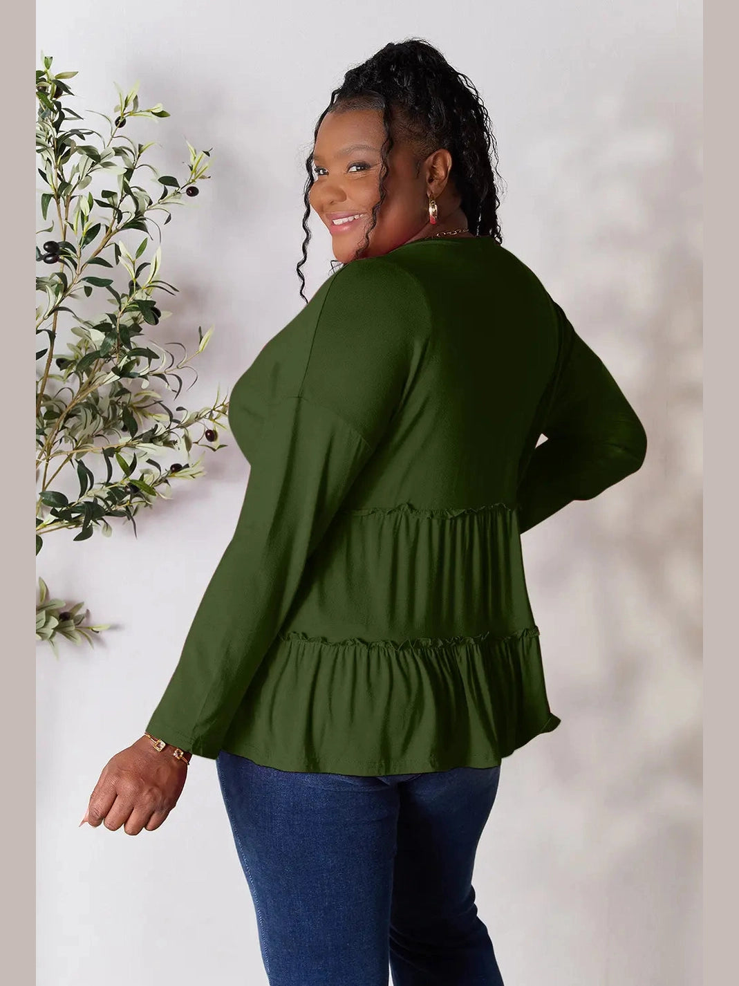Double Take Half Button Long Sleeve Ruffle Hem Blouse nicholesgifts