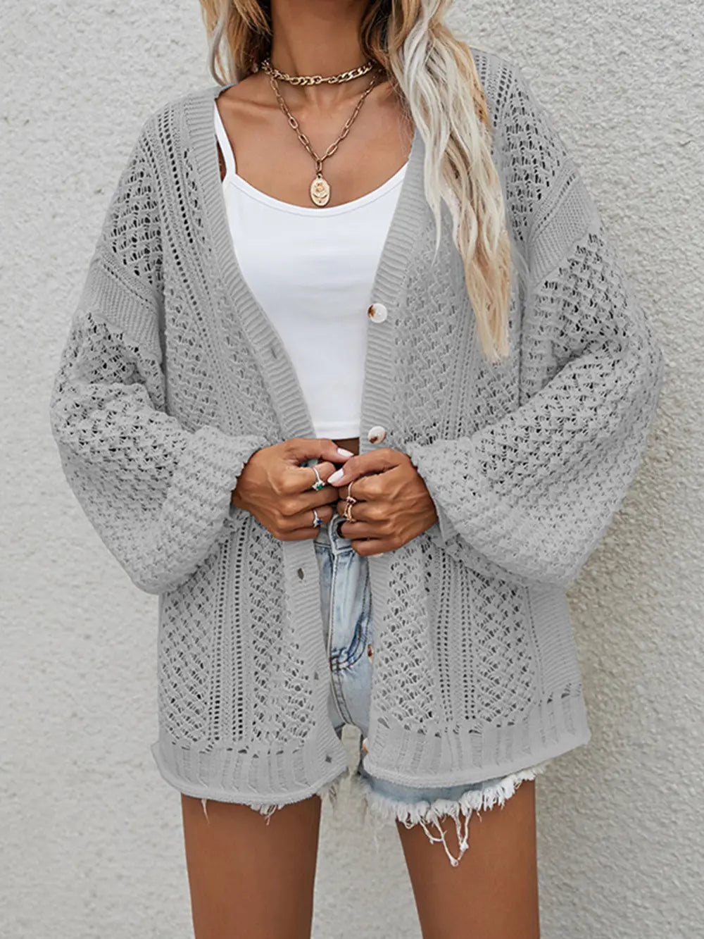 Openwork Button Front Cardigan nicholesgifts
