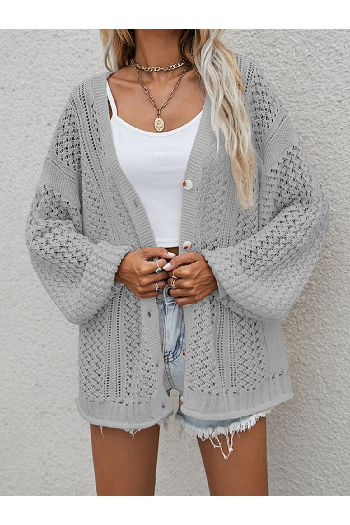 Openwork Button Front Cardigan nicholesgifts