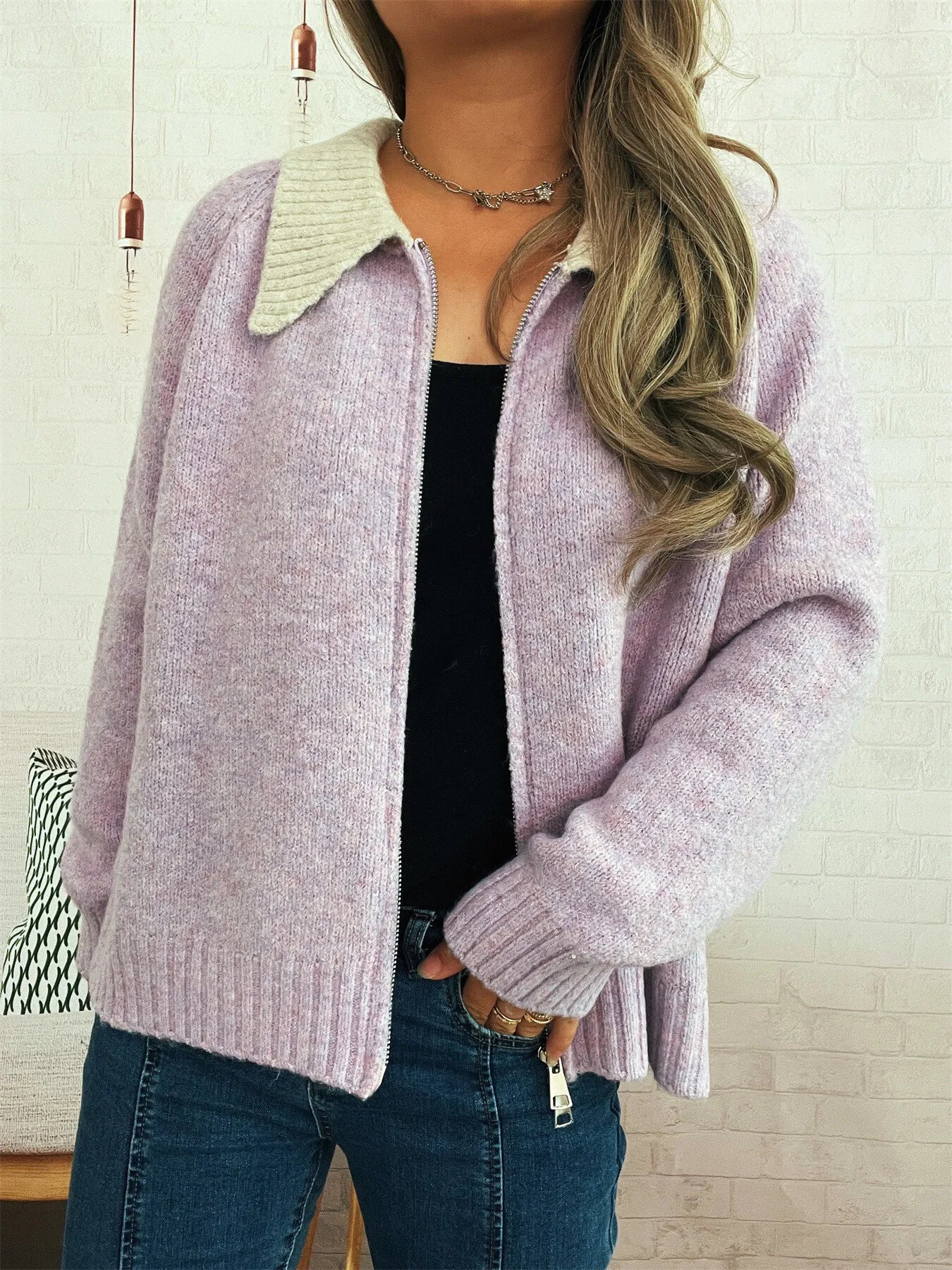 Contrast Collar Zip-Up Cardigan