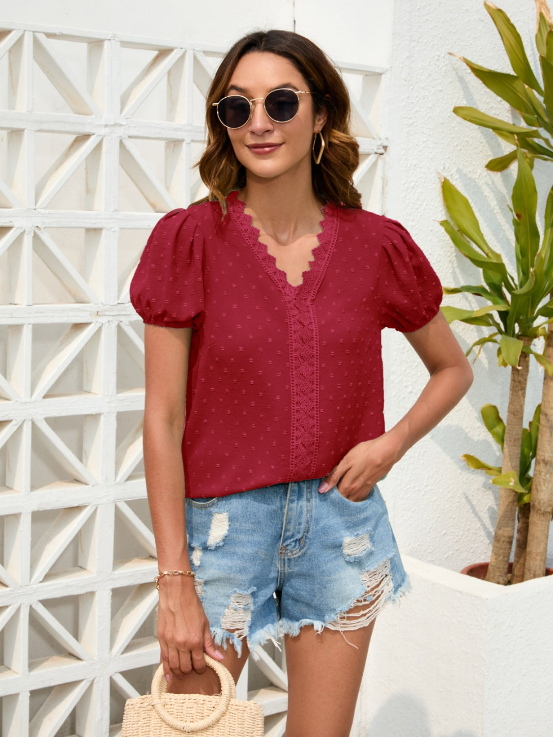 Swiss Dot Lace Detail V-Neck Blouse nicholesgifts