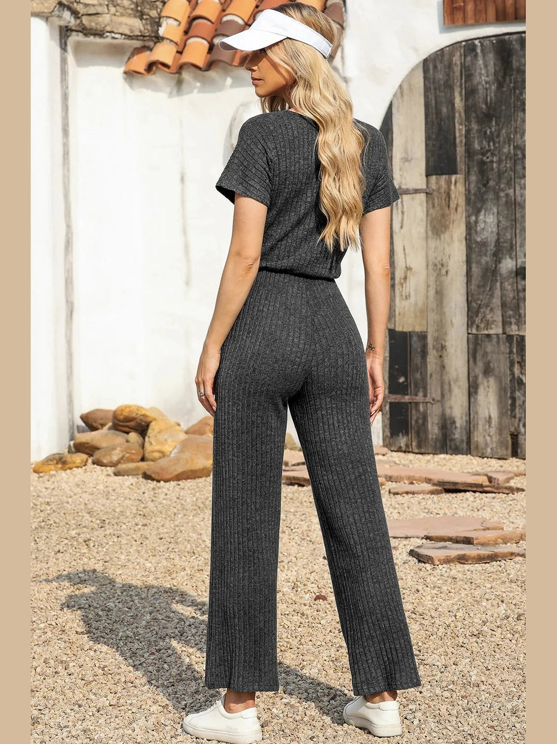 Ribbed Short Sleeve Wide Leg Jumpsuit nicholesgifts