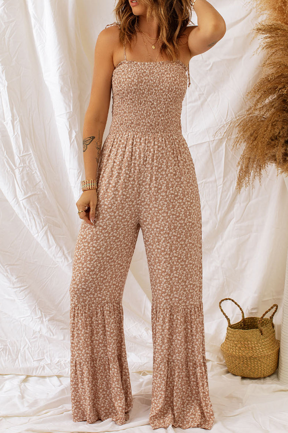 Floral Spaghetti Strap Smocked Wide Leg Jumpsuit nicholesgifts