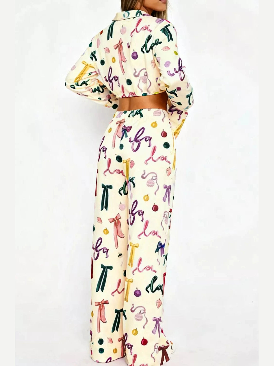 Bow Print Top and Wide Leg Pants Lounge Set nicholesgifts