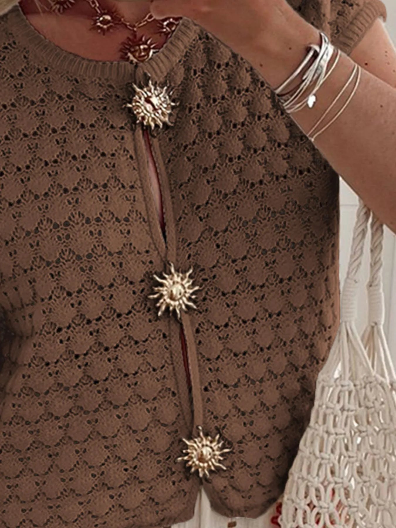 Crochet Short Sleeve Button Front Cardigan
