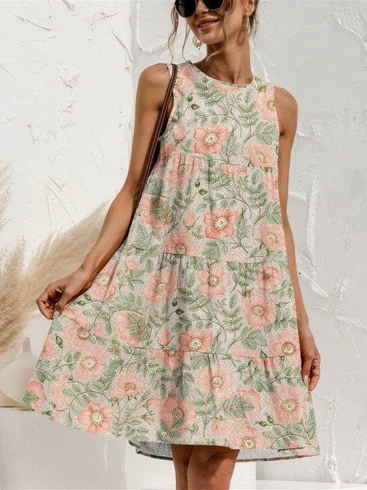 Tiered Printed Round Neck Sleeveless Dress NicholesGifts