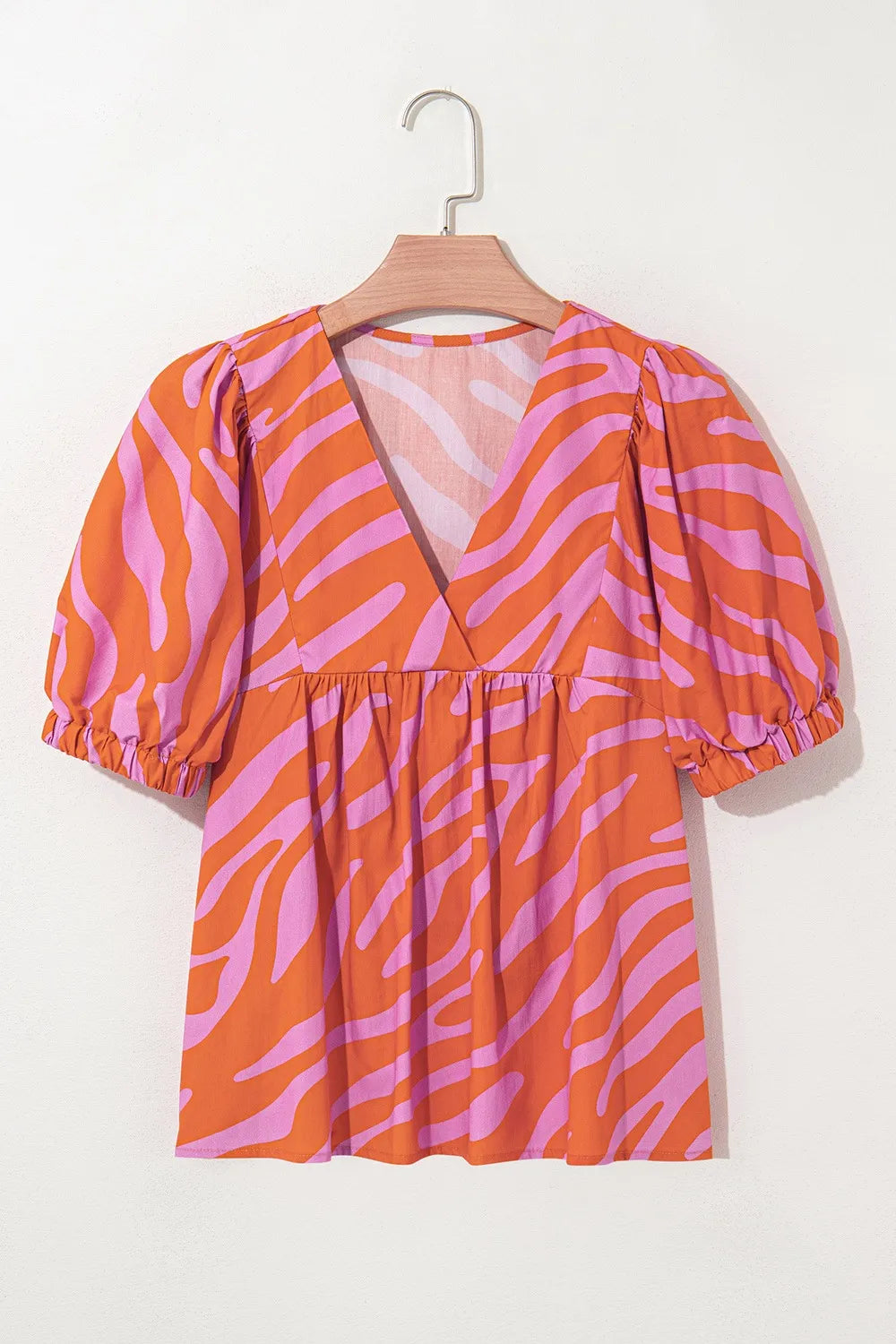 Zebra Stripe Print Ruched Cuff Half Sleeve V Neck Blouse Trendsi