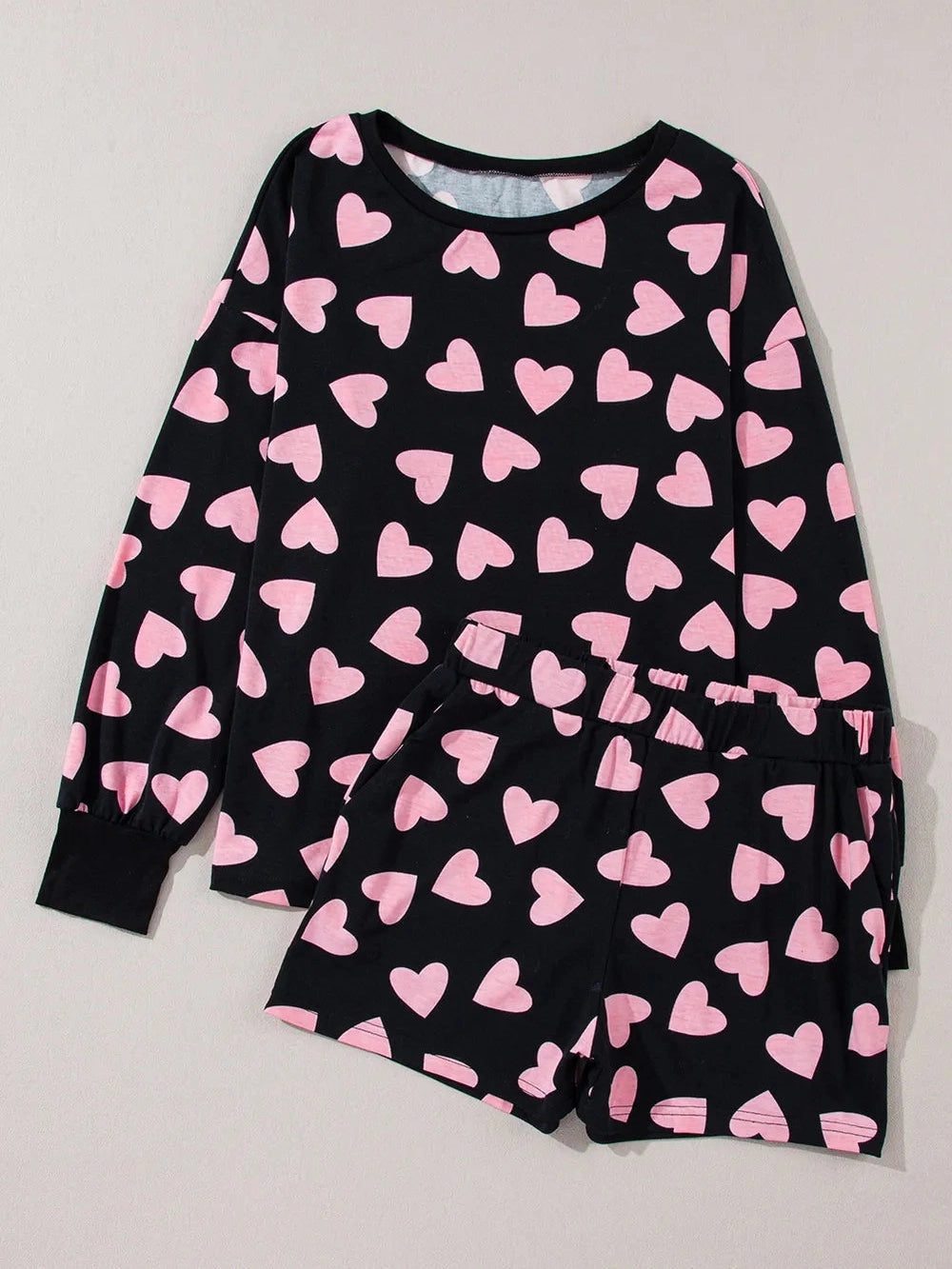 Heart Print Long Sleeve Top and Shorts Lounge Set nicholesgifts