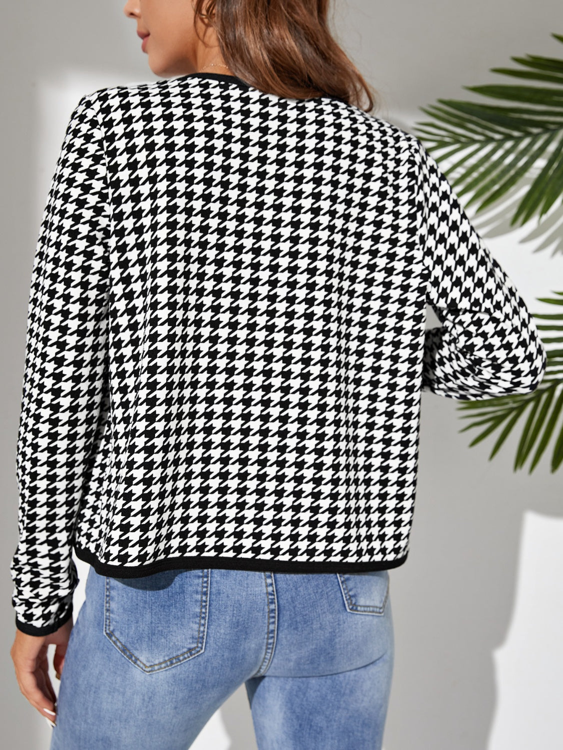 Houndstooth Open Front Long Sleeve Jacket nicholesgifts