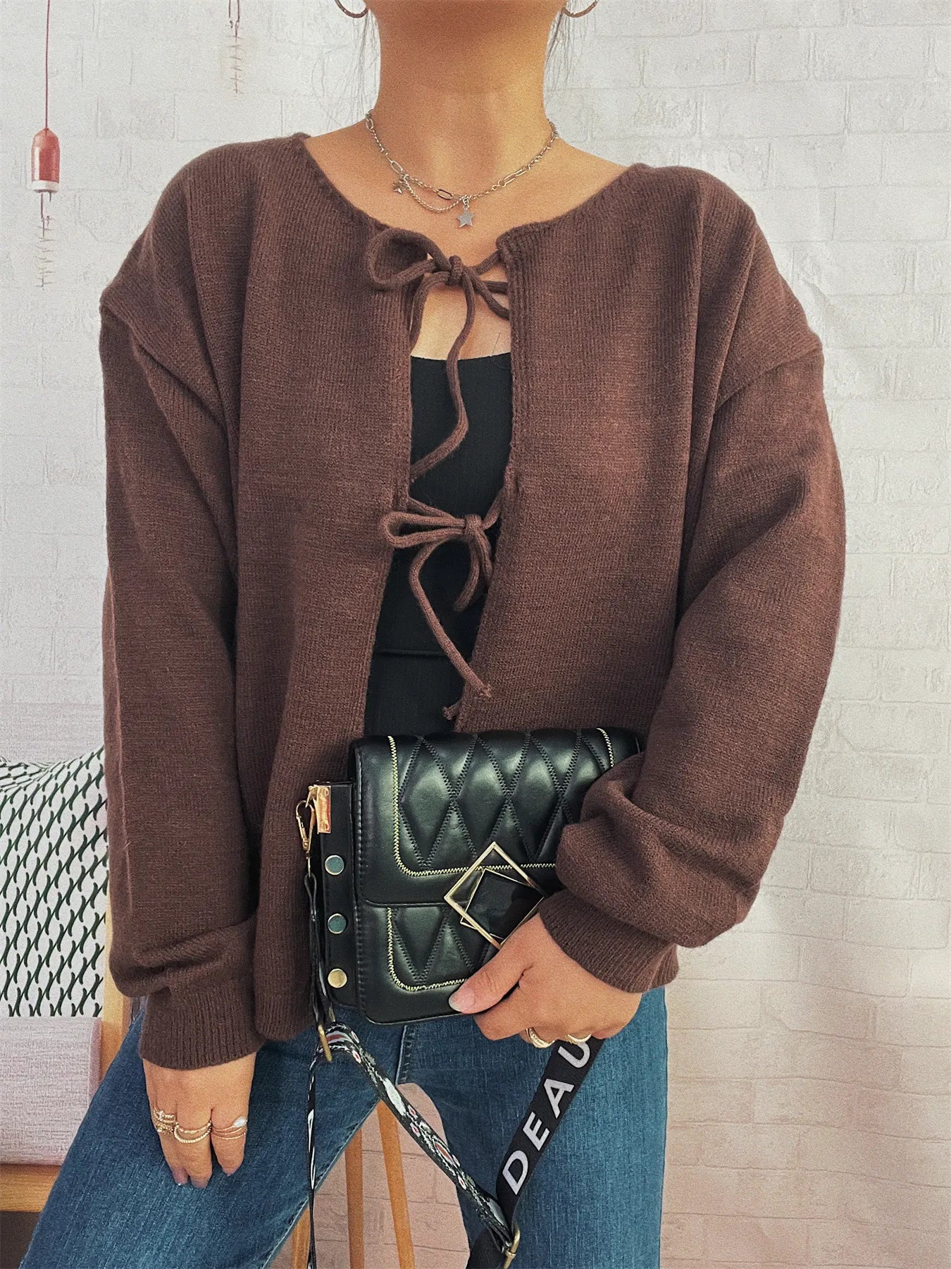 Tie Front Drop Shoulder Cardigan Trendsi