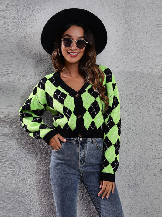 Women Geometric Button Up Long Sleeve Cardigan