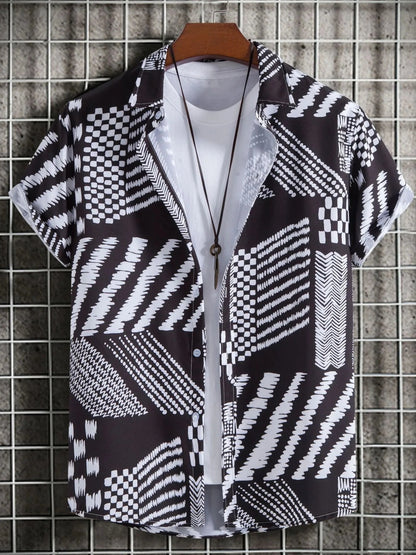 Men's Plus Size Geometric Pattern Short Sleeve Button-Up Shirt nicholesgifts