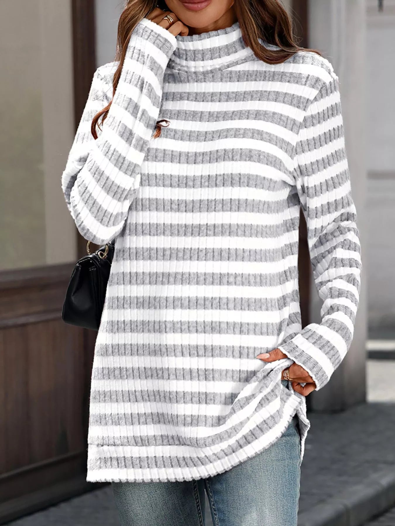 Striped Turtleneck Long Sleeve Knit Top Trendsi