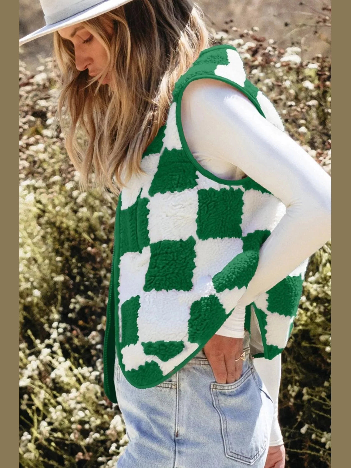 Checkerboard Fleece Sherpa Vest Coat nicholesgifts