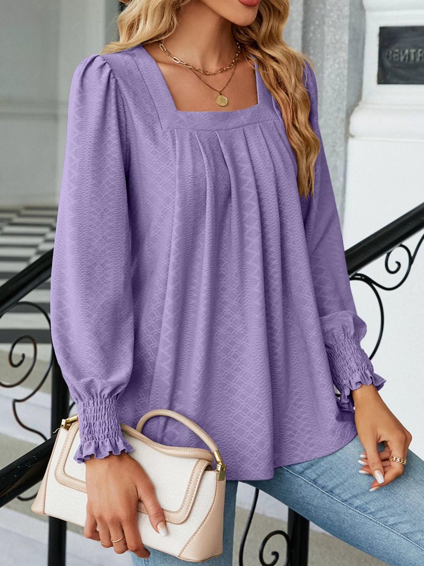 Pleated Square Neck Long Sleeve Top Trendsi