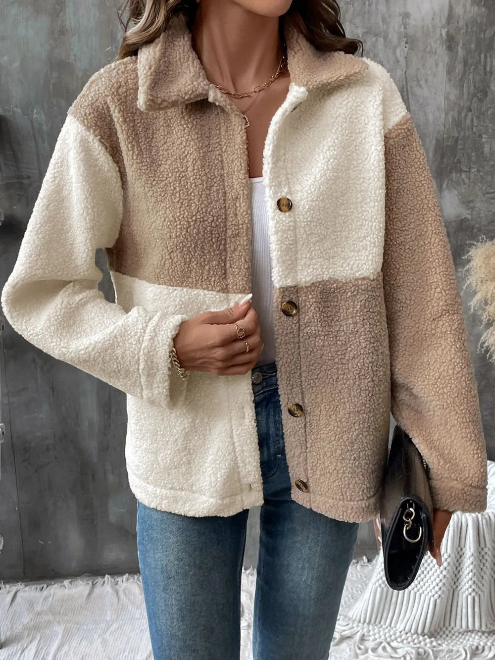 Perfee Color Block Collared Neck Long Sleeve Jacket Trendsi