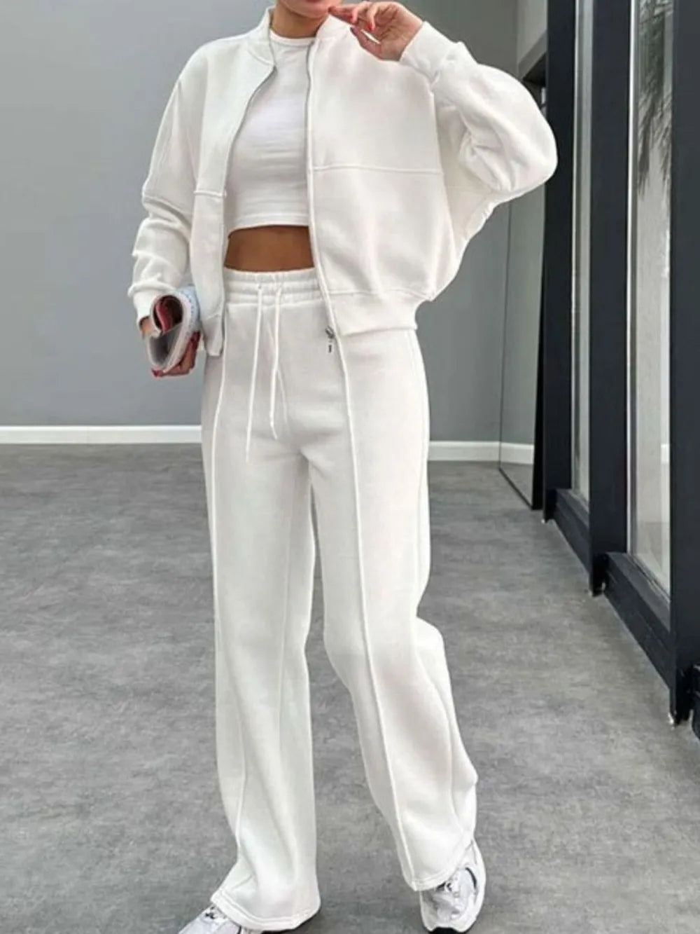 Baseball Collar Zip Up Outerwear and Drawstring Pants Set nicholesgifts